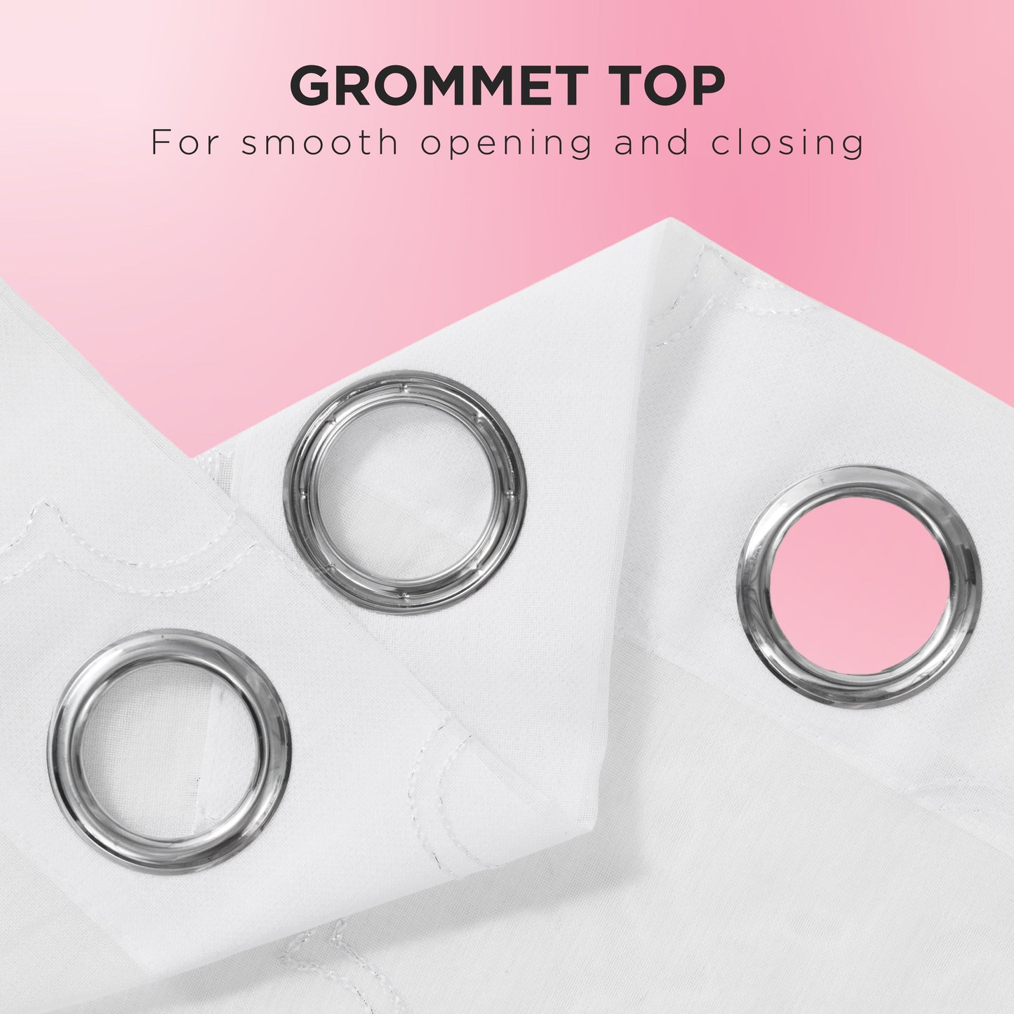 The Scallop Diamond Sheer Window Curtain with large silver grommets is displayed on a pink background, featuring the text "GROMMET HEADER For smooth opening and closing" above, evoking the chic style of Juicy Couture curtains.