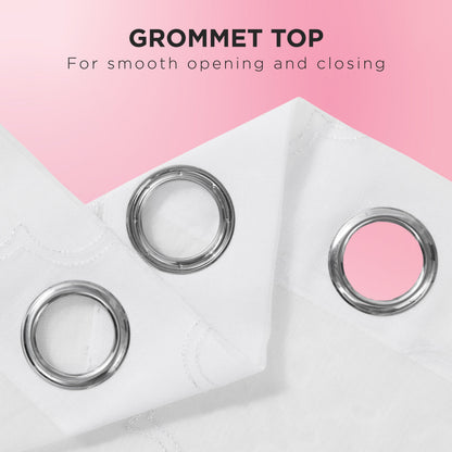 The Scallop Diamond Sheer Window Curtain with large silver grommets is displayed on a pink background, featuring the text "GROMMET HEADER For smooth opening and closing" above, evoking the chic style of Juicy Couture curtains.