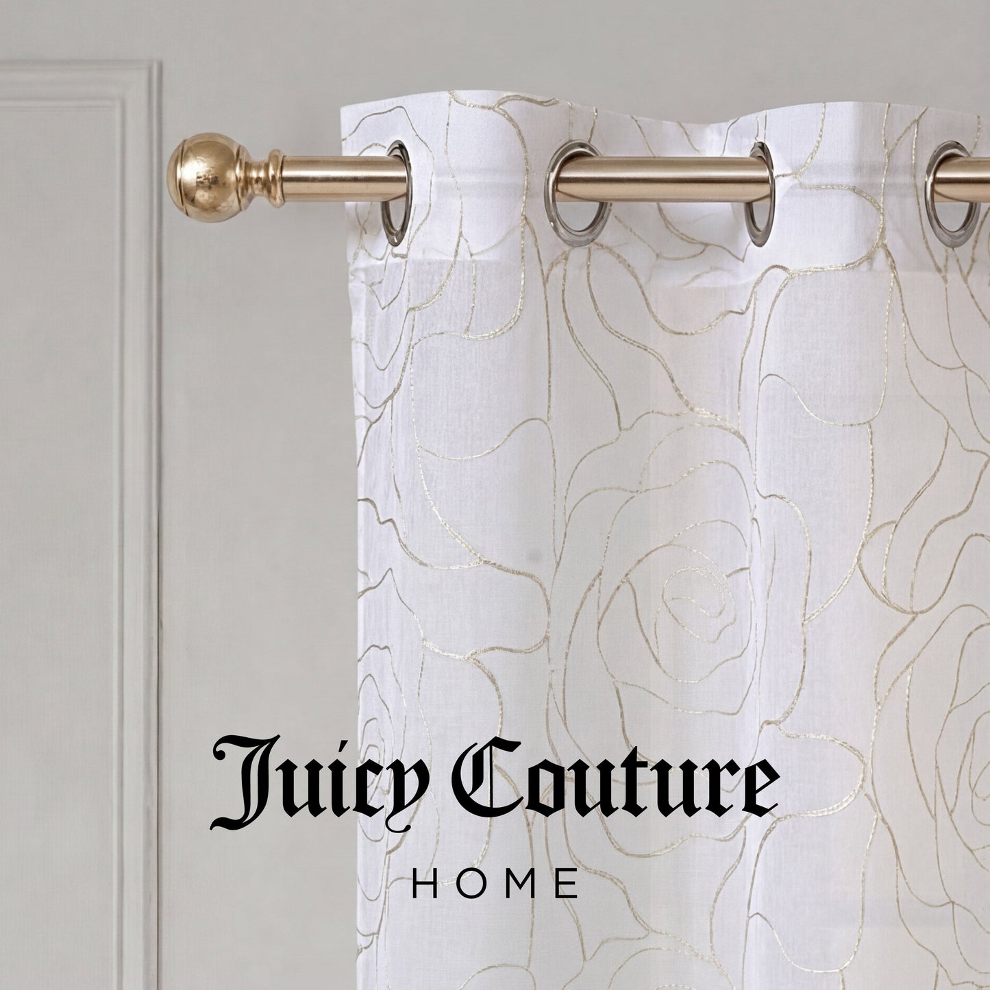 Rose Swirl Sheer Window Curtains with metallic gold abstract floral patterns hang on a gold rod. The text Juicy Couture HOME is centered at the bottom of the image in a black, elegant font.