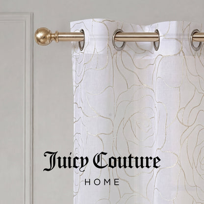 Rose Swirl Sheer Window Curtains with metallic gold abstract floral patterns hang on a gold rod. The text Juicy Couture HOME is centered at the bottom of the image in a black, elegant font.
