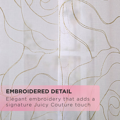 Close-up of sheer white fabric with swirling gold embroidered lines, text overlay reads EMBROIDERED DETAIL and Elegant embroidery that adds a signature Juicy Couture touch to the Rose Swirl Sheer Window Curtains.