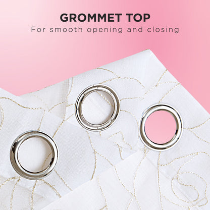 Rose Swirl Sheer Window Curtains feature white fabric adorned with gold embroidery and three silver grommets, displayed on a pink background. The text above reads, "GROMMET TOP for smooth opening and closing." Inspired by the elegance of Juicy Couture sheer curtains, these grommet header curtains bring embroidered floral charm to any décor.