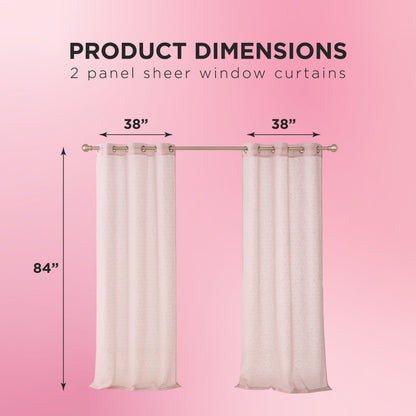 Two Aurora Sheer Window Curtain panels with a grommet header, each 38"x84", hang on a rod against a pink background. Text above reads Product Dimensions: 2 panel Aurora Sheer Window Curtain.