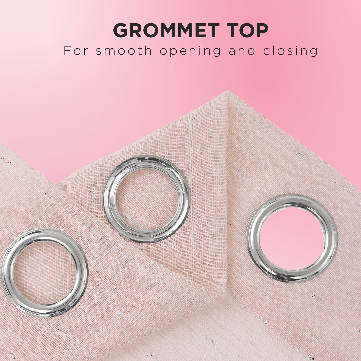 Close-up of an Aurora Sheer Window Curtain in light pink, featuring shiny silver grommets, shown on a pink background. Text above reads: GROMMET TOP - For smooth opening/closing. Perfect for adding style to your sheer curtains.