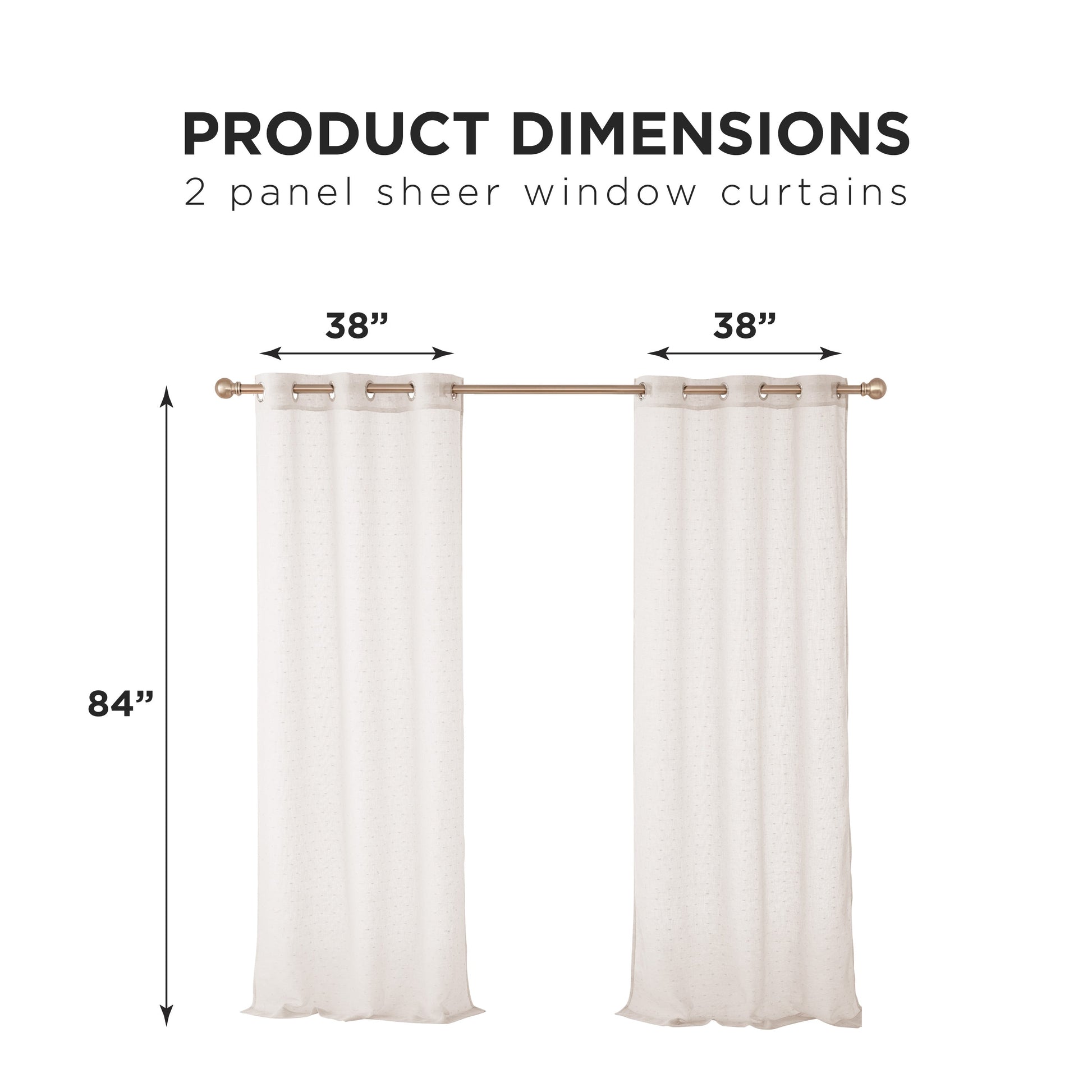 Image showing two Aurora Sheer Window Curtain panels with a grommet header on a rod. Each panel measures 38" W x 84" L. Text reads: Product Dimensions—2 panel sheer window curtains.