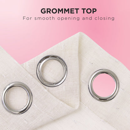 Close-up of Aurora Sheer Window Curtain in cream, featuring silver grommet header tops against a pink background. Text reads: Grommet Top – For smooth opening and closing.