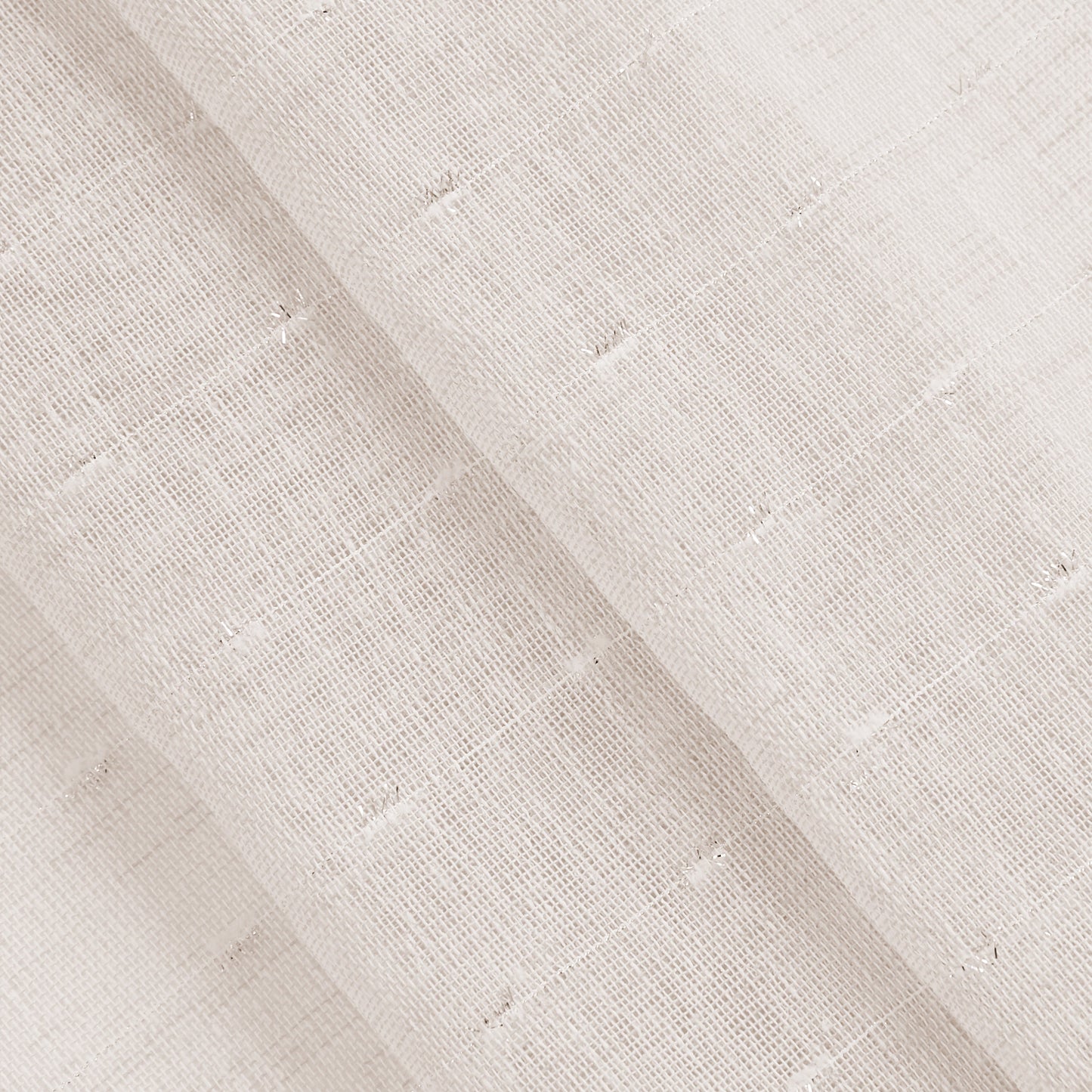 A close-up of the Aurora Sheer Window Curtain shows light beige, textured linen with a slightly open weave and visible threads, neatly folded in layers—perfect for creating soft, airy window treatments.