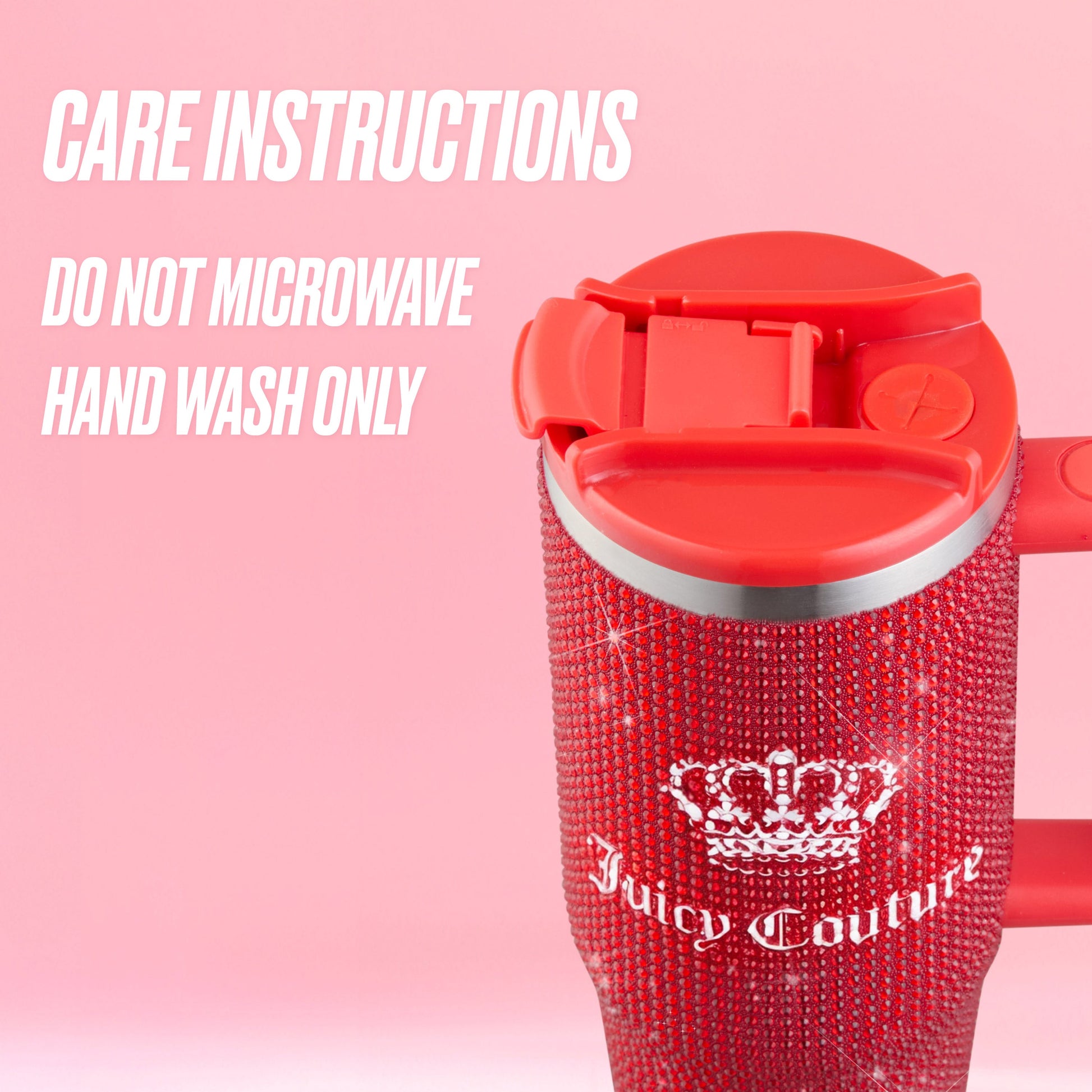 A Diamond Bling Stainless Steel Tumbler with Handle and Straw, 30 oz, in vibrant red and adorned with sparkling rhinestone details, is displayed against a pink background. White text reads: “Care Instructions: Do not microwave. Hand wash only.” This dazzling tumbler brings a touch of glamour to your drinkware collection.