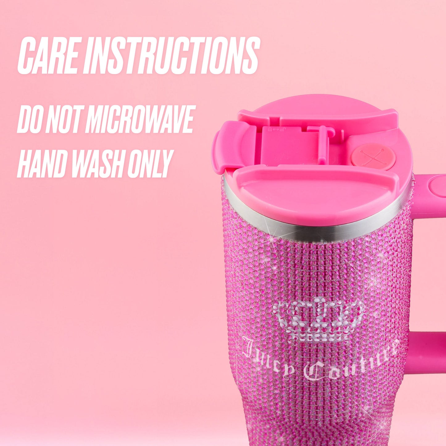 A Diamond Bling Stainless Steel Tumbler with Handle and Straw, 30 oz, covered in sparkling pink rhinestones and topped with a matching pink lid, sits against a pink background. Text beside it reads: Care Instructions. Do not microwave. Hand wash only.