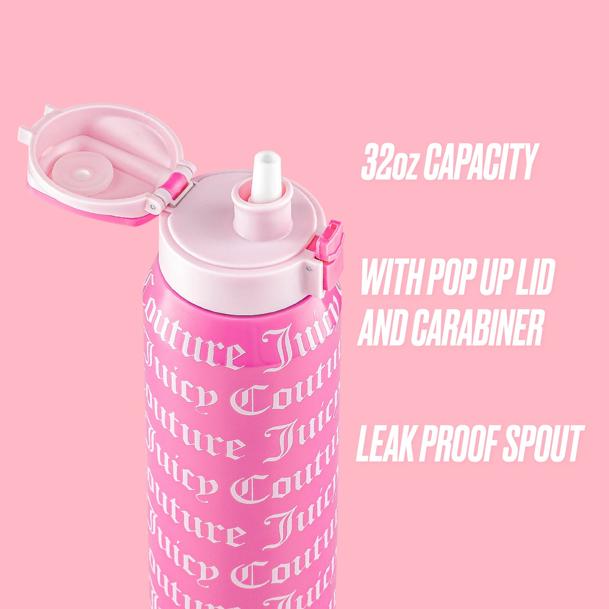 The Glam Getaway Hydration Stainless Steel Tumbler in pink features a stylish Juicy Couture logo, 32oz capacity, secure pop-up lid, carabiner for easy carry, and a leak-proof spout. Shown on a pink background.
