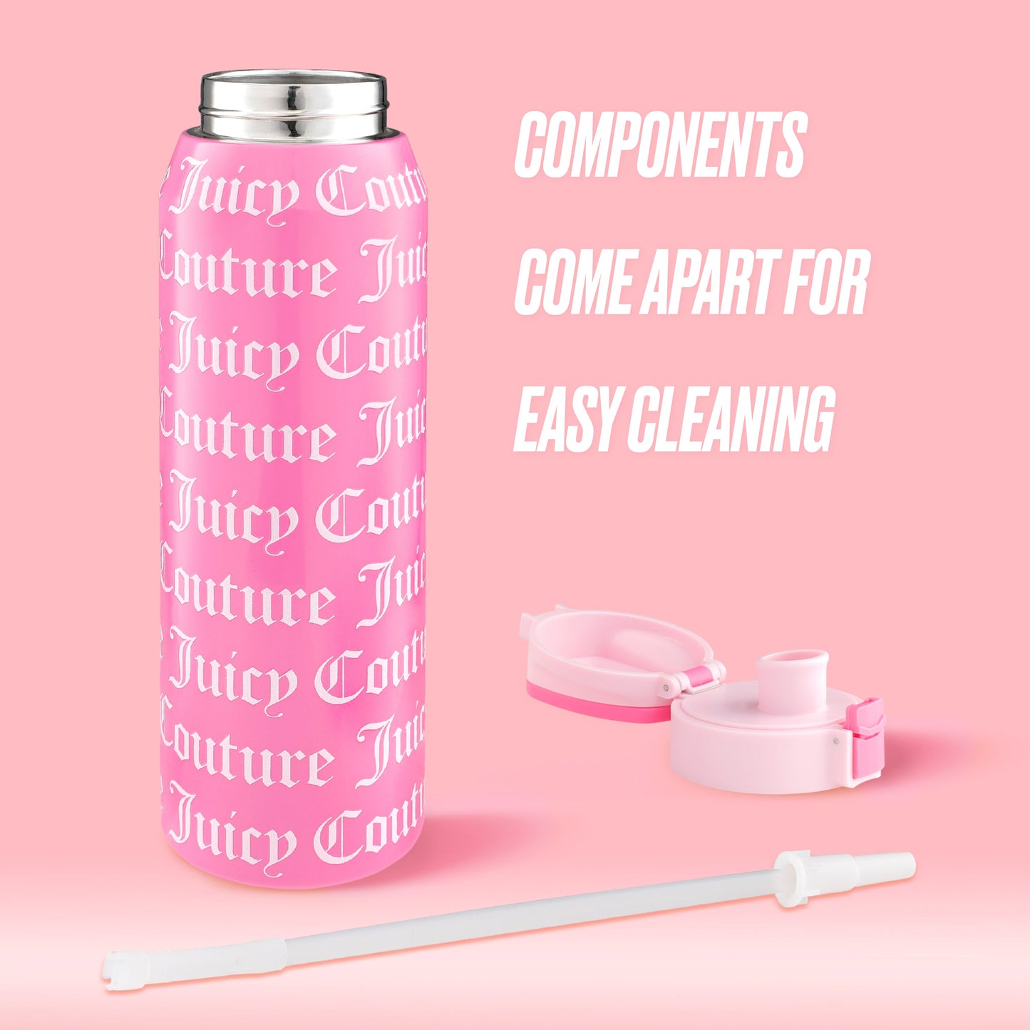 A pink Glam Getaway Hydration Stainless Steel Tumbler with detachable lid and straw shown separately on a pink background. Text: Components come apart for easy cleaning. Stay stylish and hydrated with this 32oz tumbler.