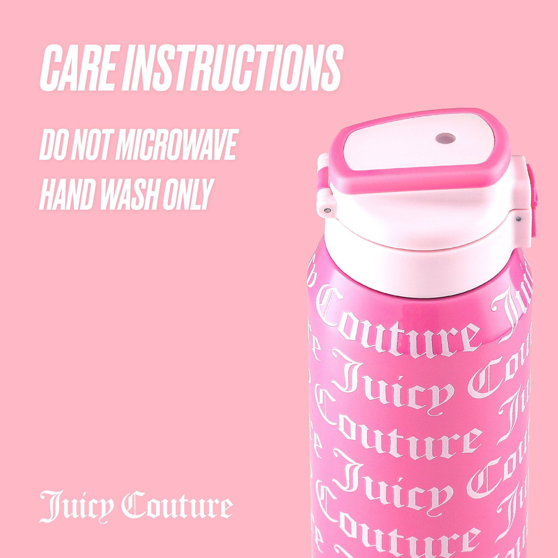 A pink Glam Getaway Hydration Stainless Steel Tumbler by Juicy Couture with white text is shown on a pink background. CARE INSTRUCTIONS: DO NOT MICROWAVE, HAND WASH ONLY. Juicy Couture logo appears at the bottom of this 32oz tumbler.