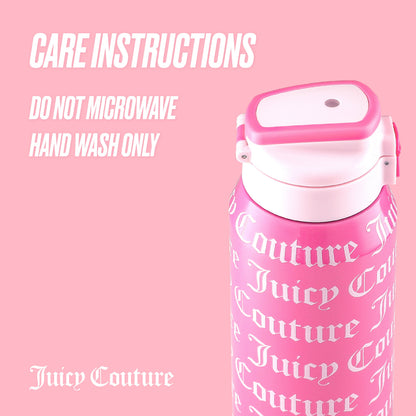 A pink Glam Getaway Hydration Stainless Steel Tumbler by Juicy Couture with white text is shown on a pink background. CARE INSTRUCTIONS: DO NOT MICROWAVE, HAND WASH ONLY. Juicy Couture logo appears at the bottom of this 32oz tumbler.