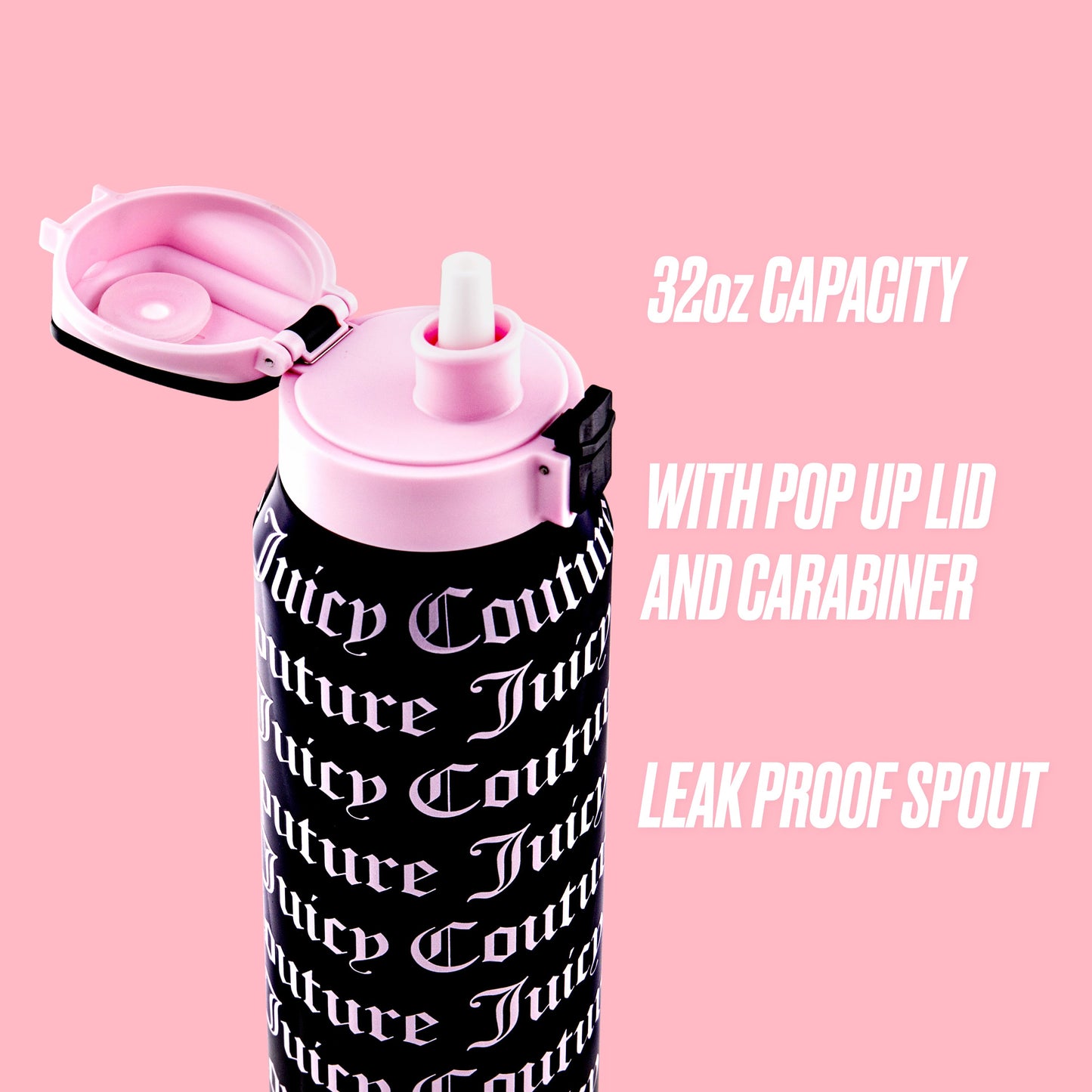 The Glam Getaway Hydration Stainless Steel Tumbler is a black Juicy Couture 32oz tumbler with white text, a pink pop-up lid, carabiner, and leak-proof spout. Styled against a pink background with white highlights for fashionable hydration.