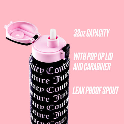 The Glam Getaway Hydration Stainless Steel Tumbler is a black Juicy Couture 32oz tumbler with white text, a pink pop-up lid, carabiner, and leak-proof spout. Styled against a pink background with white highlights for fashionable hydration.