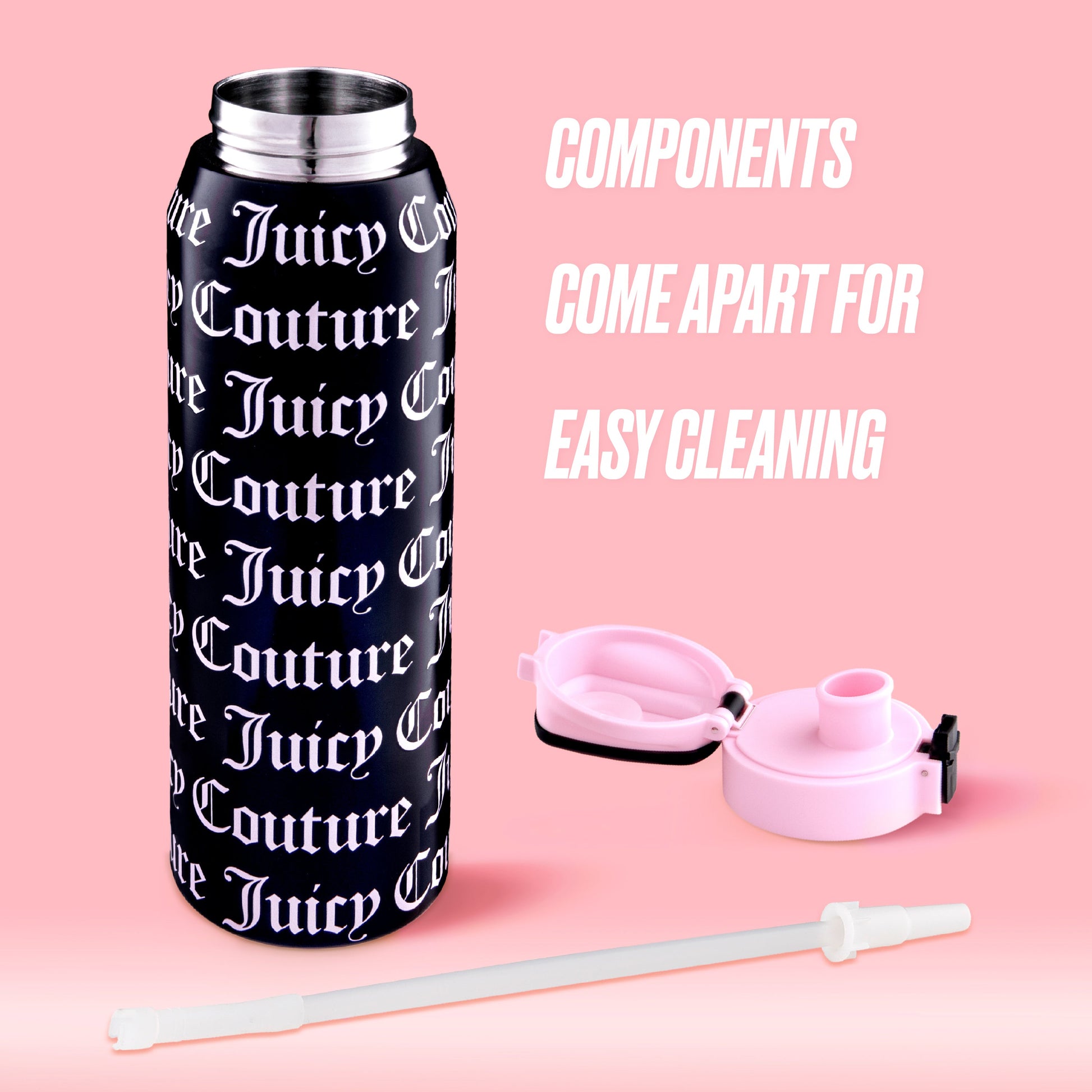 A black Glam Getaway Hydration Stainless Steel Tumbler with white lettering is shown disassembled with a pink lid and white straw on a pink background. Text: Components come apart for easy cleaning.