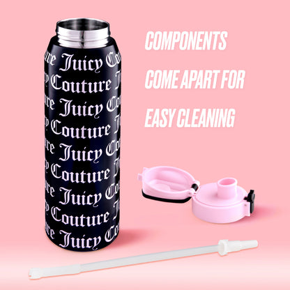A black Glam Getaway Hydration Stainless Steel Tumbler with white lettering is shown disassembled with a pink lid and white straw on a pink background. Text: Components come apart for easy cleaning.