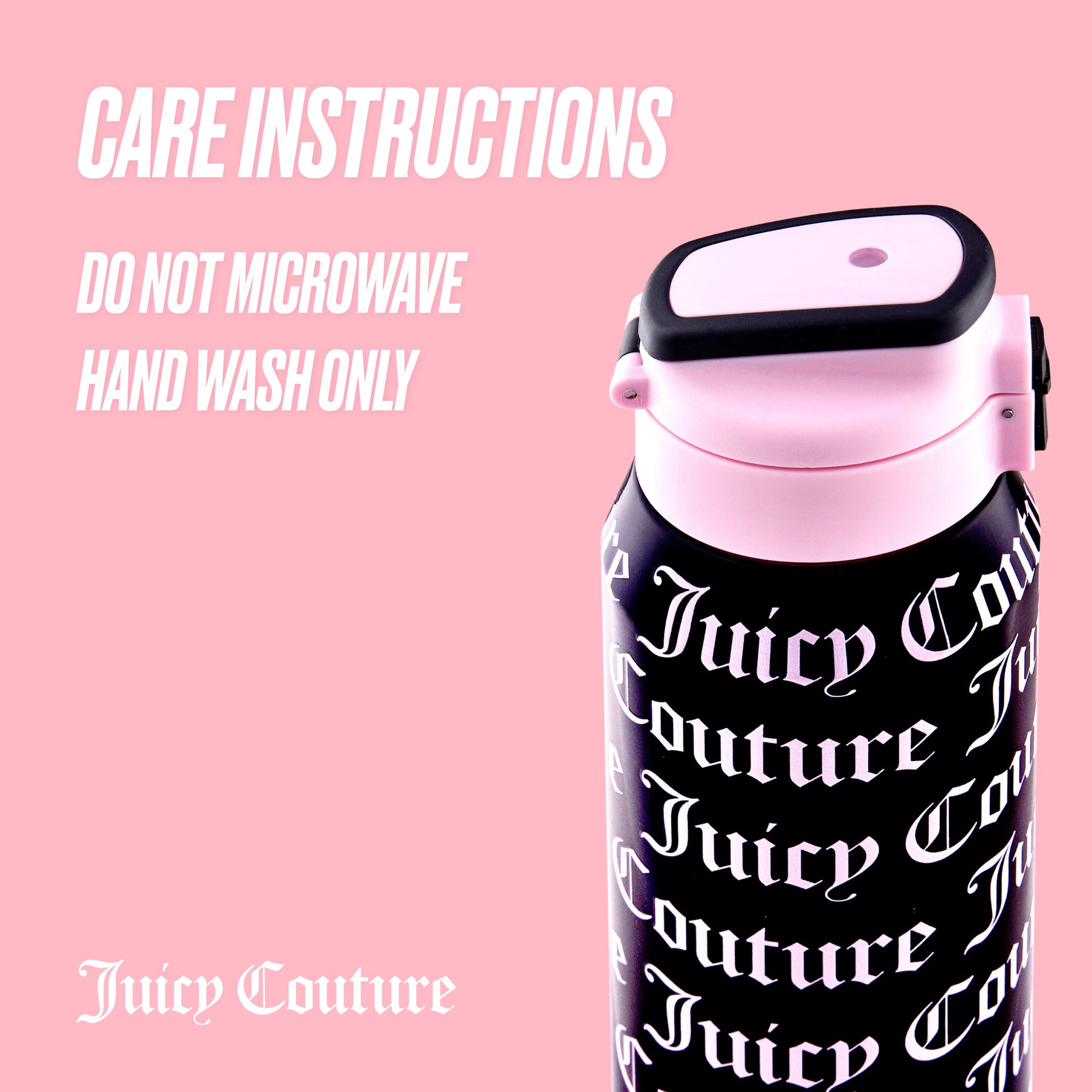 The Glam Getaway Hydration Stainless Steel Tumbler by Juicy Couture, in black and pink with a white gothic logo, is shown on a pink background with care instructions: “Do not microwave, hand wash only.” 32oz size.