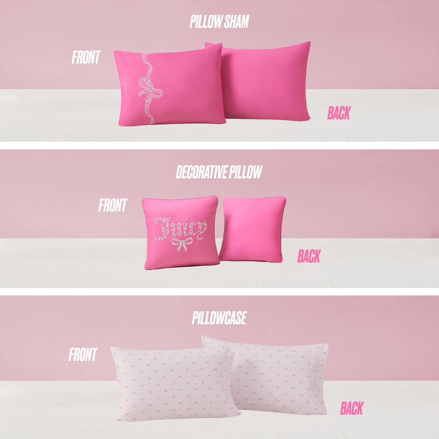 The Hotel Stripe Leopard Bows Bed in a Bag Bedding Set features three pink bedding items—a bow-design pillow sham, a Juicy Couture decorative pillow, and a patterned pillowcase—shown from front and back, ideal for enhancing any hotel stripe bedding collection.