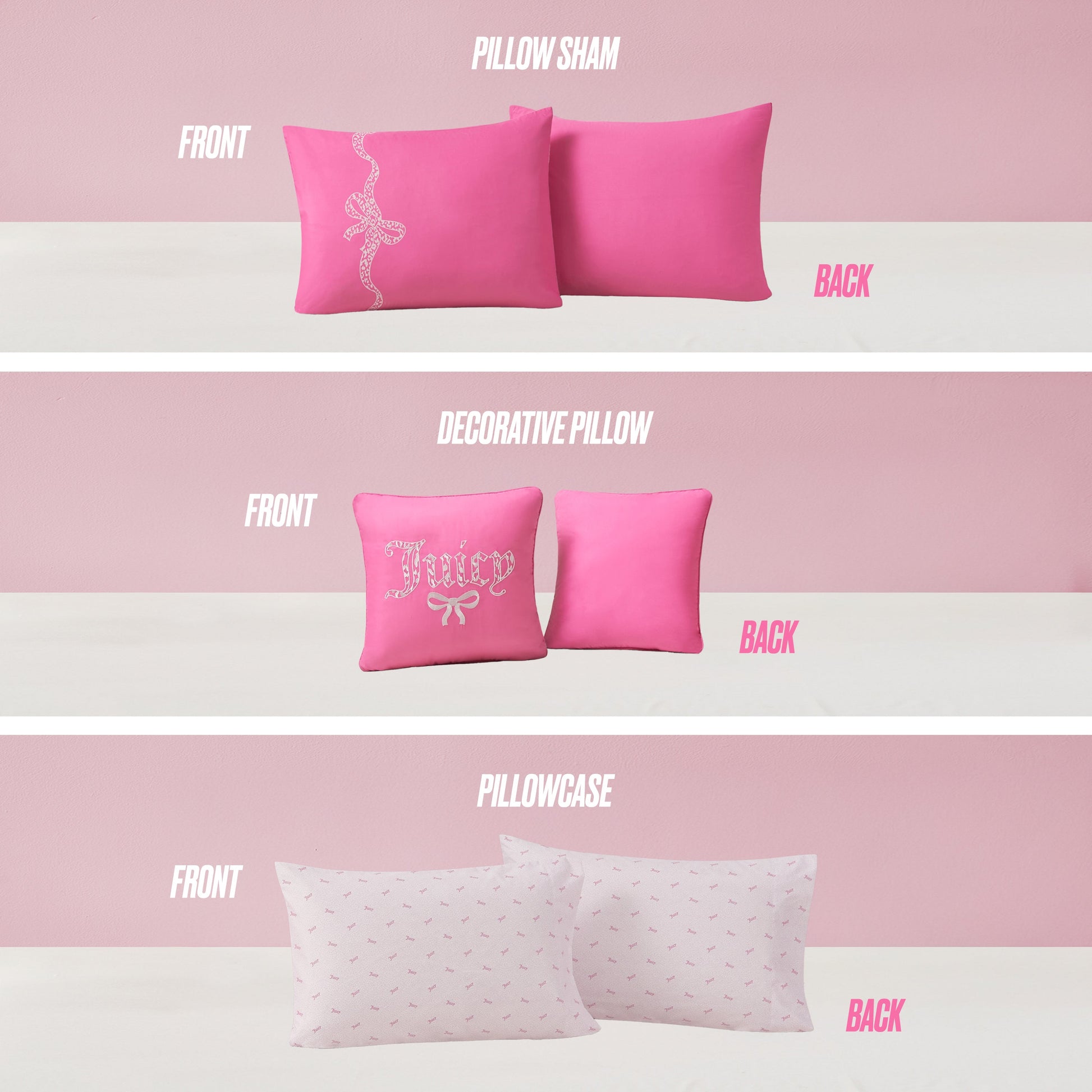 The Hotel Stripe Leopard Bows Bed in a Bag Bedding Set features three pink bedding items—a bow-design pillow sham, a Juicy Couture decorative pillow, and a patterned pillowcase—shown from front and back, ideal for enhancing any hotel stripe bedding collection.