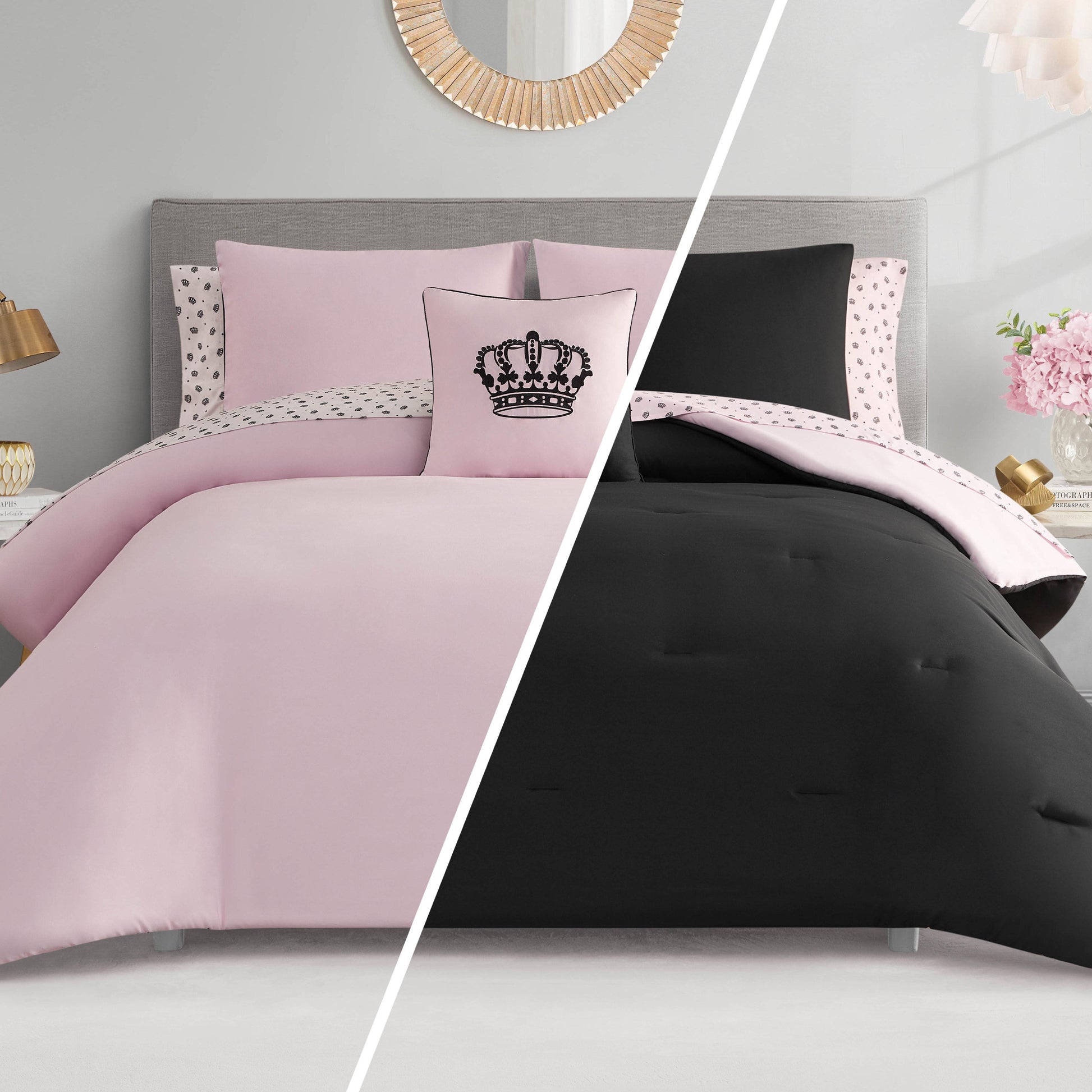Split image of a neatly made bed features two looks with the Crown Sparkle Solid Reversible Bed in a Bag Bedding Set: light pink on the left, black on the right—both styled with a crown pillow in a softly modern room.