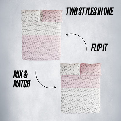 Top image: A bed with the Crown Sparkle Solid Reversible Bed in a Bag Bedding Set—one side has black polka dots on white/pink, and FLIP IT reveals a new style. MIX & MATCH for glam bedroom decor with this versatile bedding!.