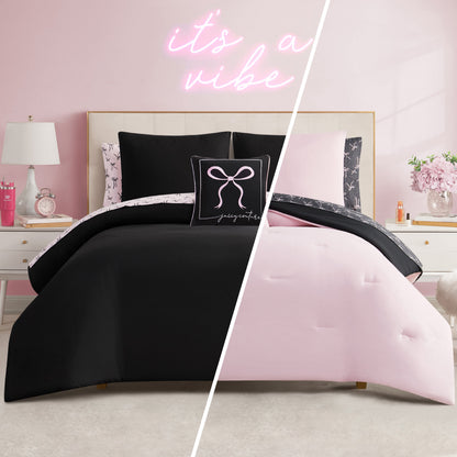 A split image shows a modern bedroom with the Bows Solid Reversible Bed in a Bag Bedding Set—black on the left, pink on the right—against a pink wall featuring a neon "it's a vibe" sign above the headboard.