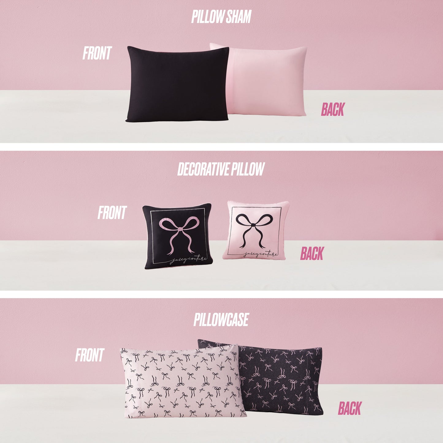 Three sets of pillows against a pink background. Top: plain black and pink pillow shams. Middle: decorative bow-design pillows. Bottom: pillowcases with small bows, all from the Bows Solid Reversible Bed in a Bag Bedding Set.