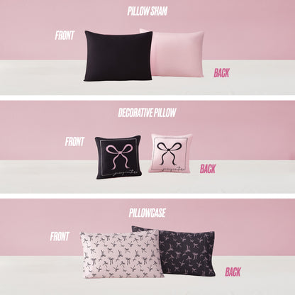 Three sets of pillows against a pink background. Top: plain black and pink pillow shams. Middle: decorative bow-design pillows. Bottom: pillowcases with small bows, all from the Bows Solid Reversible Bed in a Bag Bedding Set.