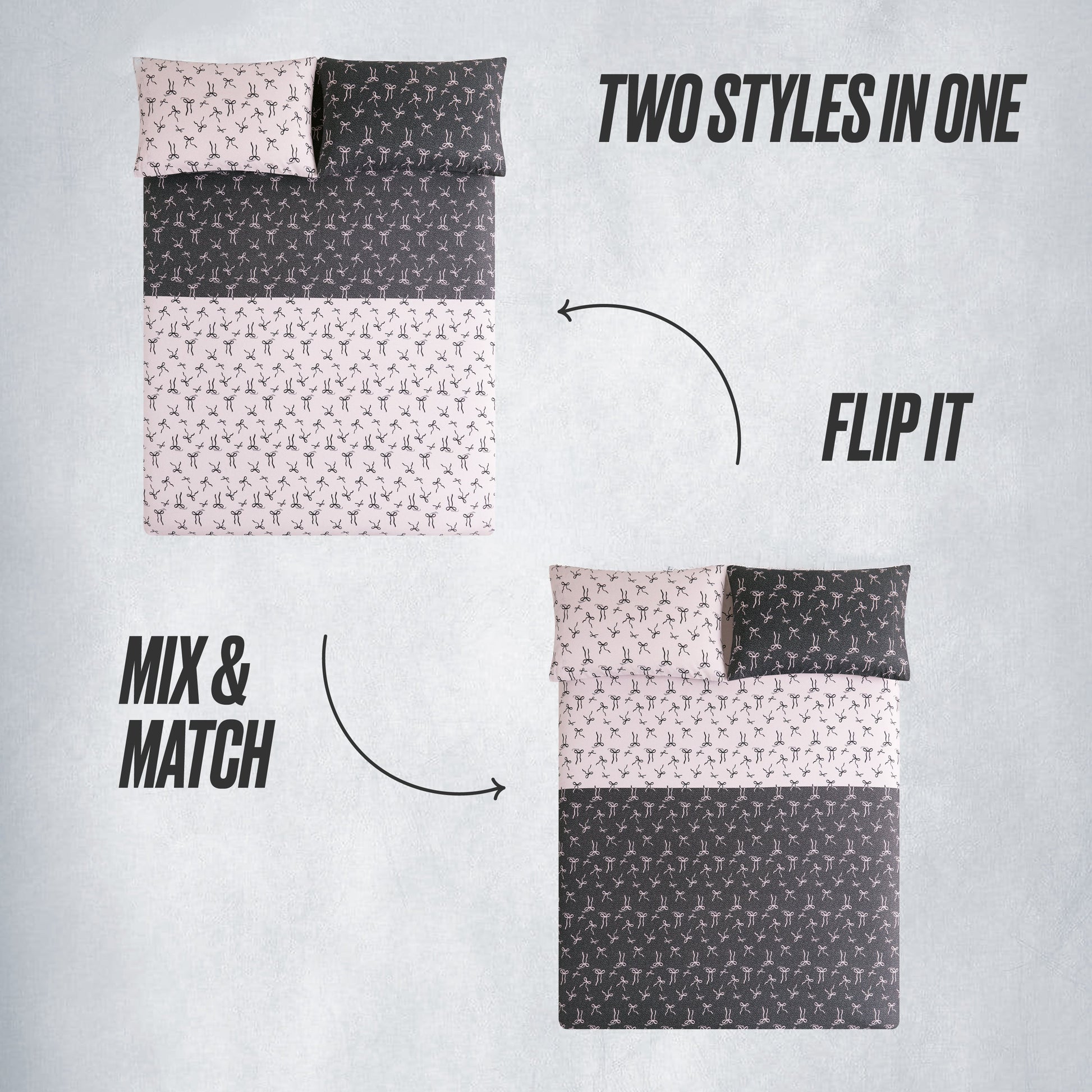 The Bows Solid Reversible Bed in a Bag Bedding Set features two styles in one: switch between a light/dark color combo on each side and mix & match for your perfect look. Arrows and text highlight the reversible design.