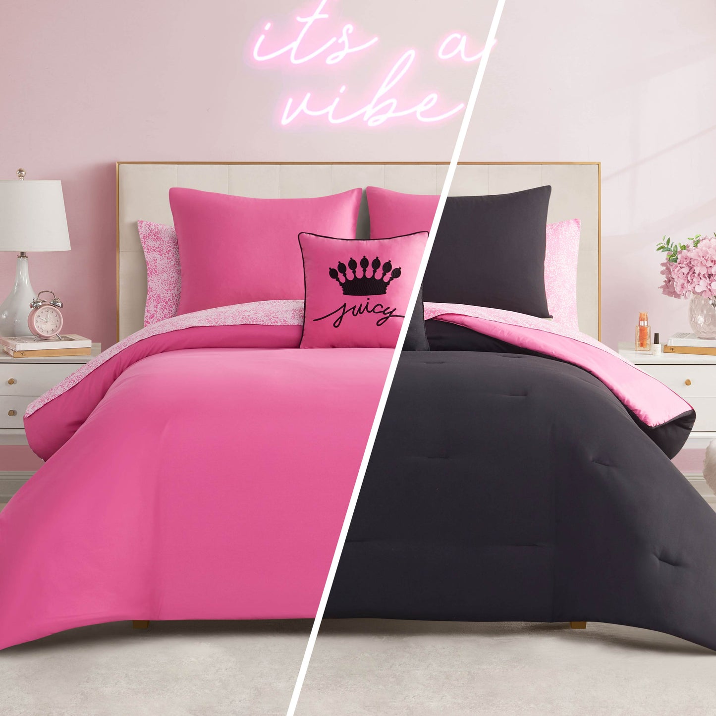 A split image shows a bedroom with two bedding styles: the left side has the bright pink In The Wild Solid Reversible Bed in a Bag set and crown pillow, while the right side features black bedding with a pink accent. A neon "its a vibe" sign hangs on the wall.