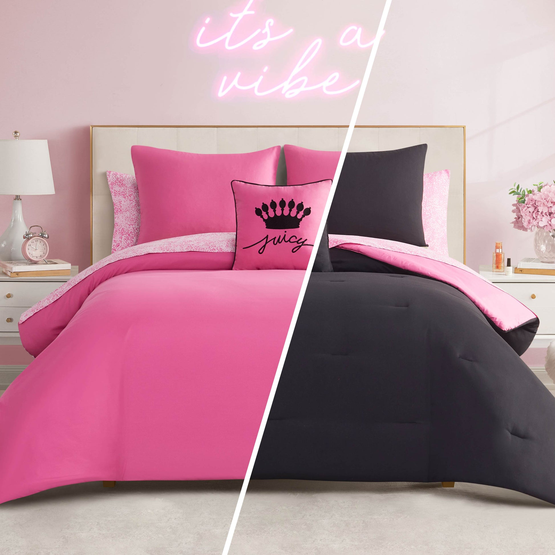 A split image shows a bedroom with two bedding styles: the left side has the bright pink In The Wild Solid Reversible Bed in a Bag set and crown pillow, while the right side features black bedding with a pink accent. A neon "its a vibe" sign hangs on the wall.