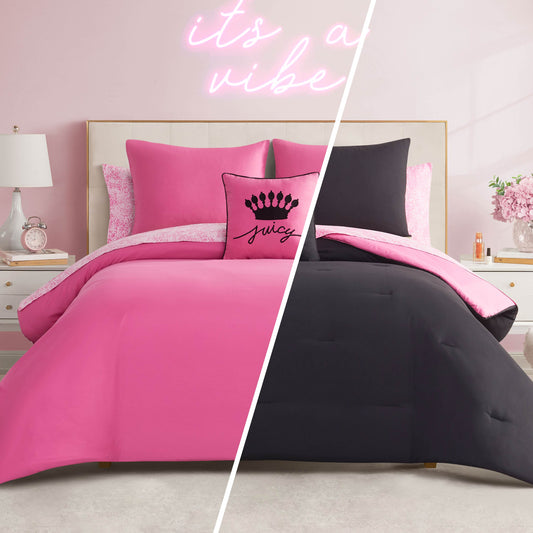 A split image shows a bedroom with two bedding styles: the left side has the bright pink In The Wild Solid Reversible Bed in a Bag set and crown pillow, while the right side features black bedding with a pink accent. A neon "its a vibe" sign hangs on the wall.