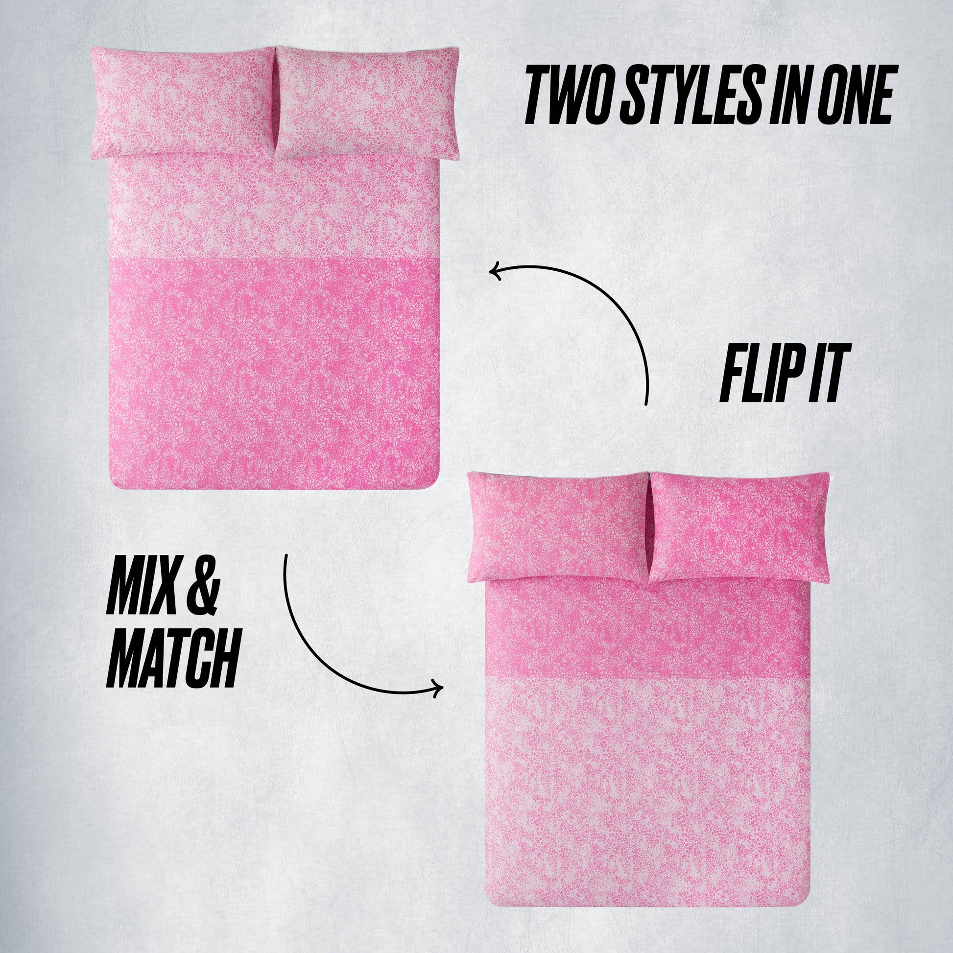 Two In The Wild Solid Reversible Bed in a Bag sets side by side, each with unique patterns. Arrows highlight the reversible comforter and customizable sheet set, showing two styles in one—flip it and mix & match for your look.