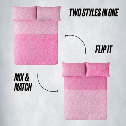 Two In The Wild Solid Reversible Bed in a Bag sets side by side, each with unique patterns. Arrows highlight the reversible comforter and customizable sheet set, showing two styles in one—flip it and mix & match for your look.