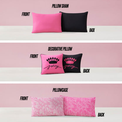 Three images show: 1) pink and black pillow shams, 2) decorative pillow with Juicy Couture & crown on pink front/black back, 3) pink and white patterned sheet set pillowcases (front/back)—all part of the In The Wild Solid Reversible Bed in a Bag Bedding Set.