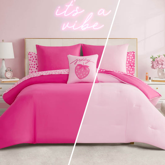 A bedroom showcases a split view: on the left, bright pink Juicy Couture bedding; on the right, the Summer Strawberries Solid Reversible Bed in a Bag Bedding Set with heart-patterned sheets, strawberry pillow, and a neon "it's a vibe" sign above.