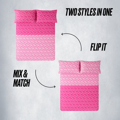 Brighten your space with the Summer Strawberries Solid Reversible Bed in a Bag Bedding Set—enjoy two fresh looks in one; flip between vibrant pink and soft blush. Text: Two styles in one, Flip it, and Mix & match.