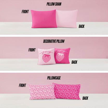 Three images feature the Summer Strawberries Solid Reversible Bed in a Bag Set: two pink pillow shams, two decorative pillows with strawberries and "juicy" text, plus pillowcases with hearts—perfect for a Juicy Couture look.