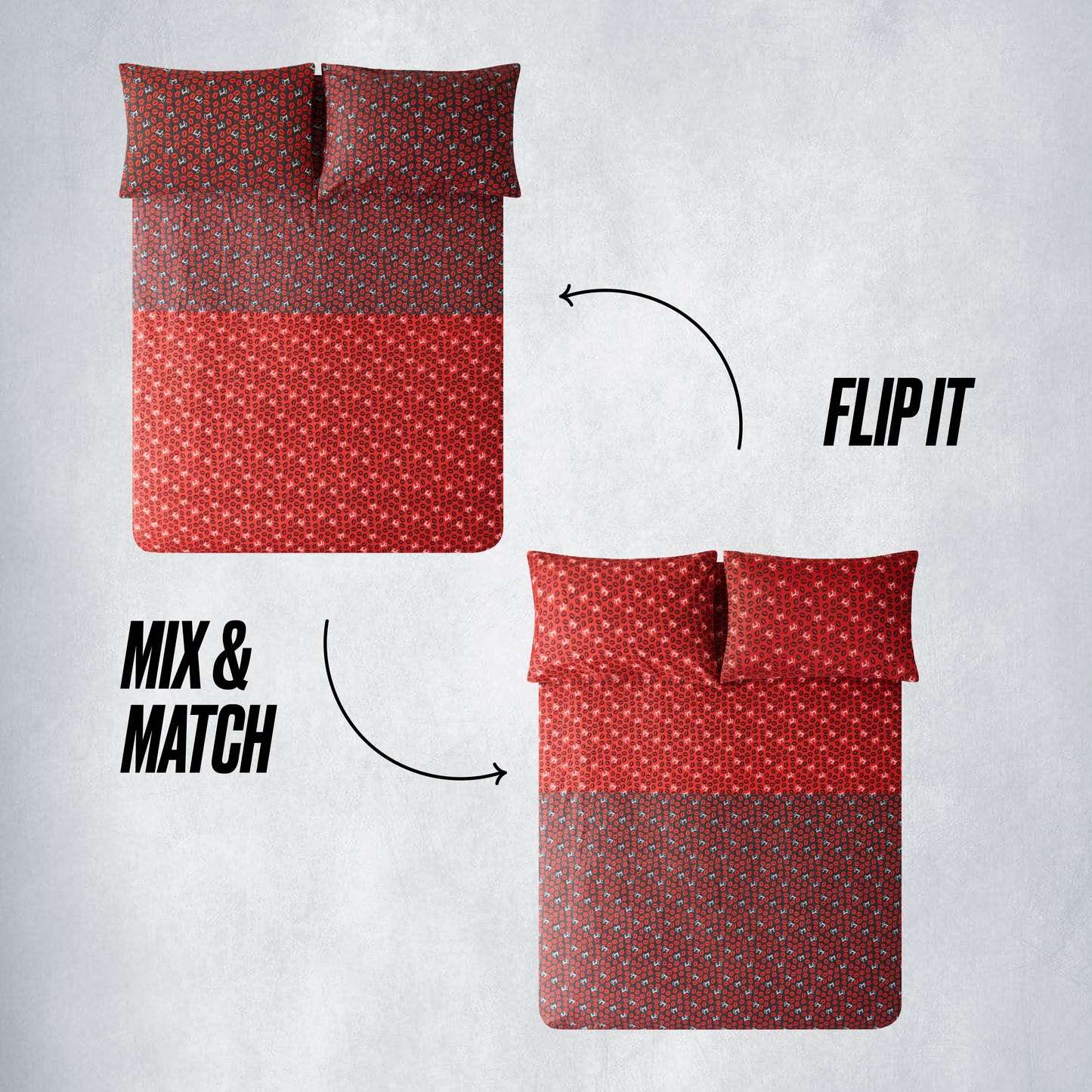 Two views of the Juicy Couture Cheetah Rebel Lips Solid Reversible Bed in a Bag Set: one shows the darker red, animal-inspired side labeled “MIX & MATCH,” while the other displays it flipped with “FLIP IT.”.