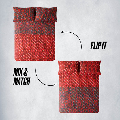 Two views of the Juicy Couture Cheetah Rebel Lips Solid Reversible Bed in a Bag Set: one shows the darker red, animal-inspired side labeled “MIX & MATCH,” while the other displays it flipped with “FLIP IT.”.