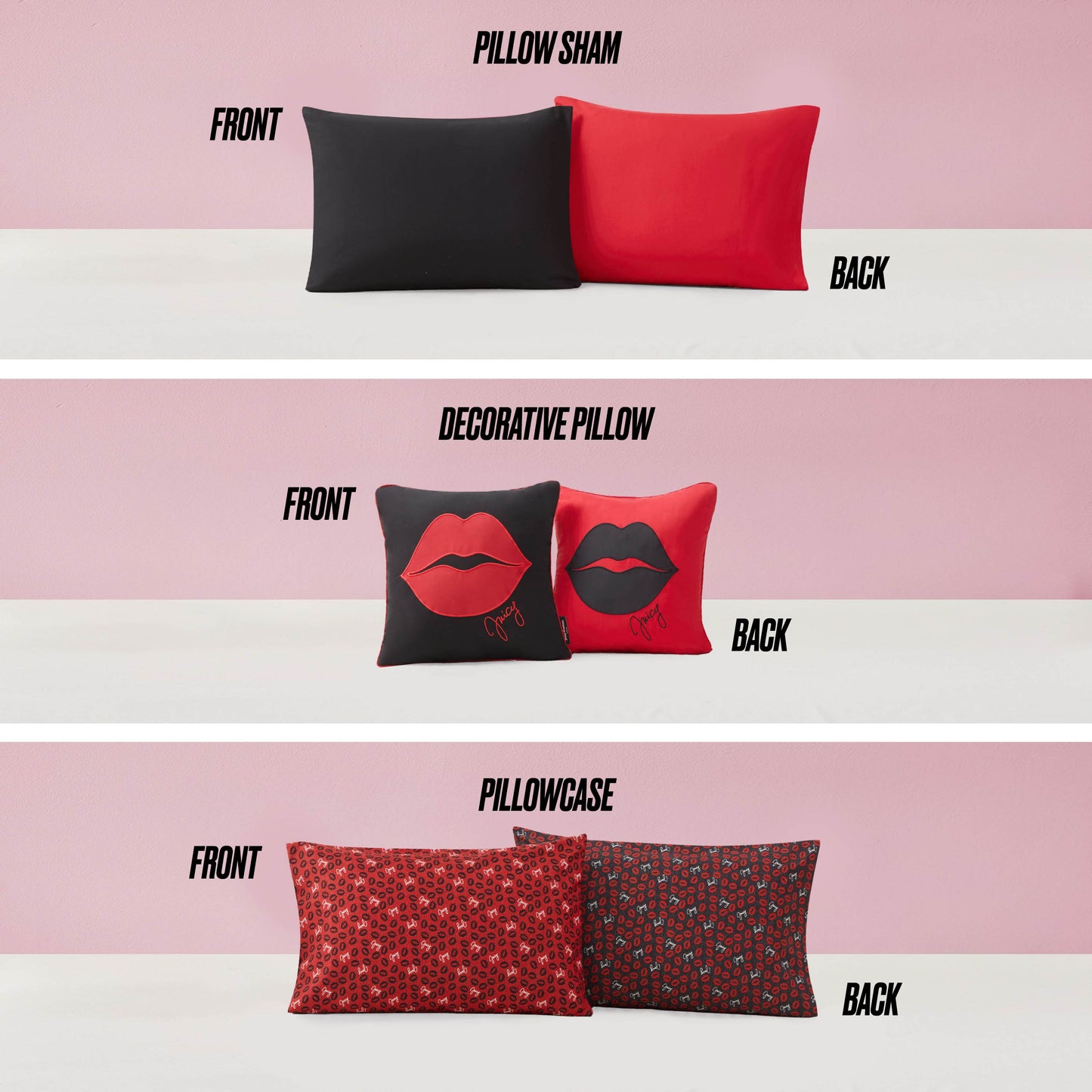 The Cheetah Rebel Lips Solid Reversible Bed in a Bag Bedding Set is featured, including a reversible pillow sham in black and red, a decorative pillow with red lips art, and both floral red and animal-inspired black pillowcases.