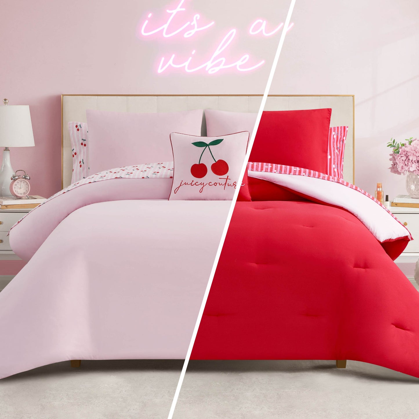 A split image features the Cherry Script Solid Reversible Bed in a Bag Bedding Set with light pink bedding on the left, vibrant red on the right, cherry accent pillows, and a stylish pink Juicy Couture comforter in a chic bedroom.