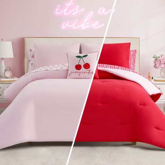 A split image features the Cherry Script Solid Reversible Bed in a Bag Bedding Set with light pink bedding on the left, vibrant red on the right, cherry accent pillows, and a stylish pink Juicy Couture comforter in a chic bedroom.