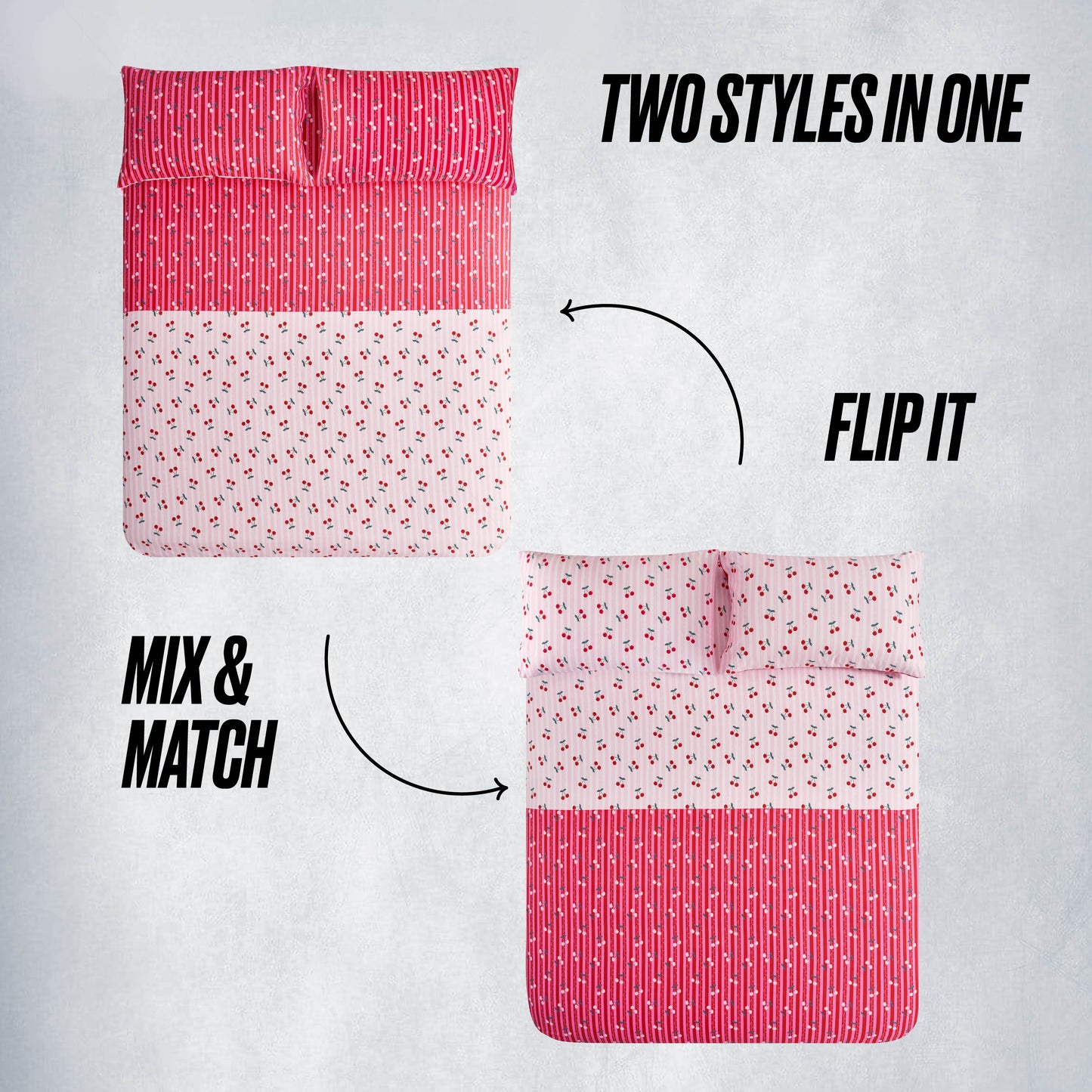 Top view of the Cherry Script Solid Reversible Bed in a Bag Bedding Set shown in two styles: pink geometric and white with cherry script. Arrows and text highlight its “flip it” and “mix & match” reversible features.