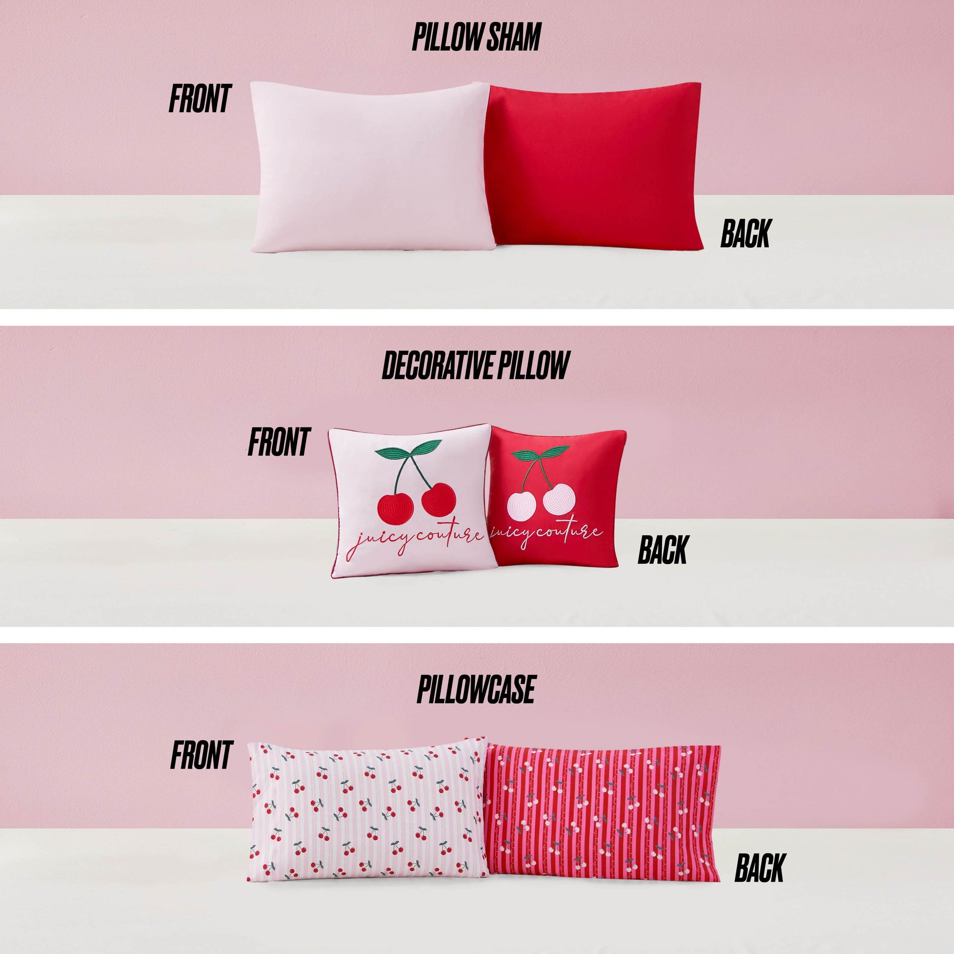 The images display the Cherry Script Solid Reversible Bed in a Bag Bedding Set with pink and red shams, a Juicy Couture cherry pillow, and a reversible pillowcase featuring cherries on one side and stripes on the other.