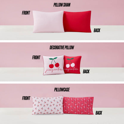 The images display the Cherry Script Solid Reversible Bed in a Bag Bedding Set with pink and red shams, a Juicy Couture cherry pillow, and a reversible pillowcase featuring cherries on one side and stripes on the other.