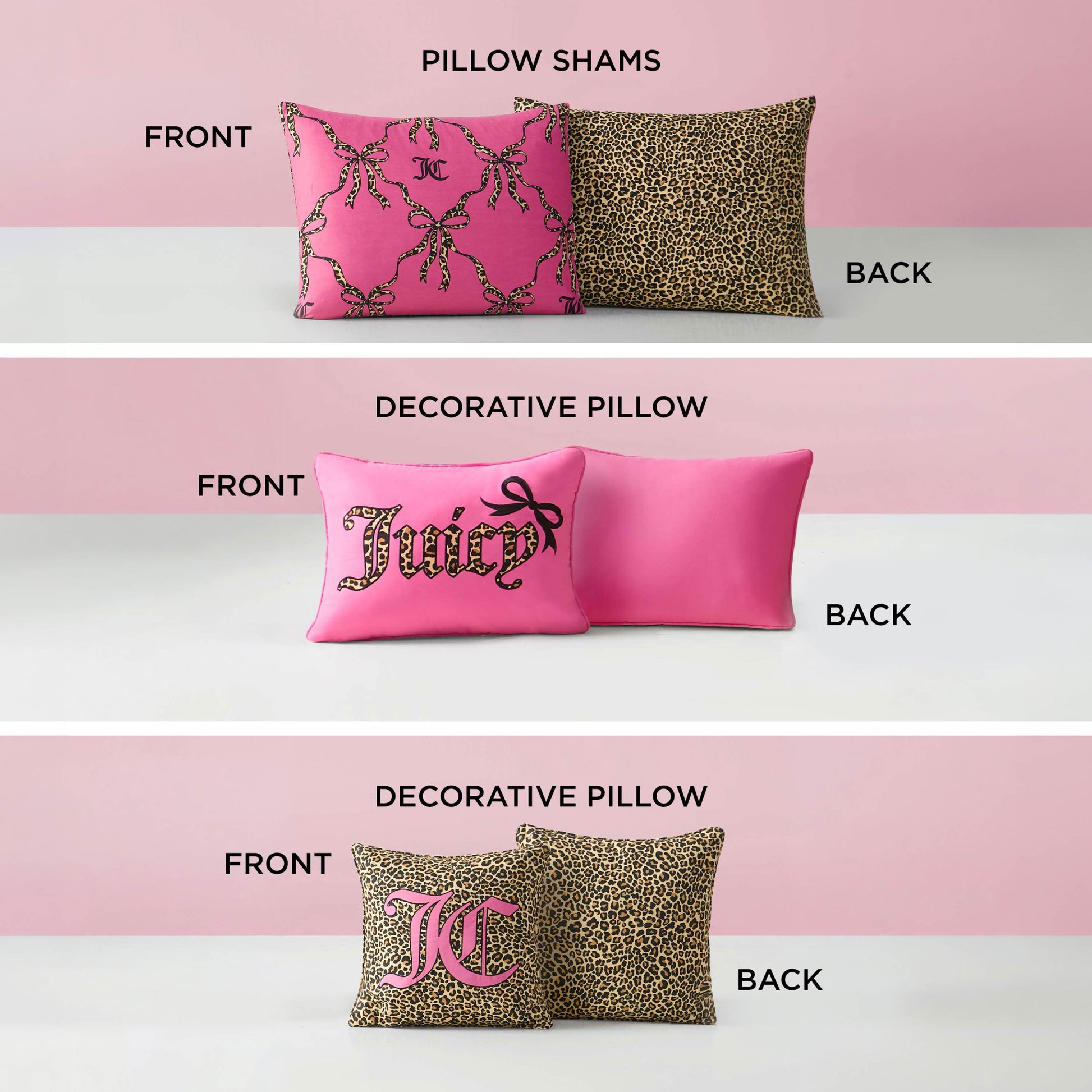 Three sets of pillows shown front and back: one with a pink pattern and leopard print shams, one with “Juicy” on pink, another with “JC” on leopard—all part of the Cheetah Bow Trellis Reversible Comforter Set.
