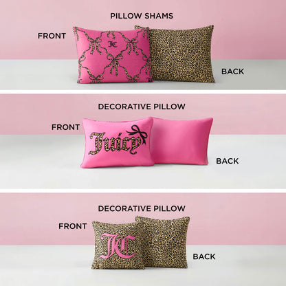 Three sets of pillows shown front and back: one with a pink pattern and leopard print shams, one with “Juicy” on pink, another with “JC” on leopard—all part of the Cheetah Bow Trellis Reversible Comforter Set.