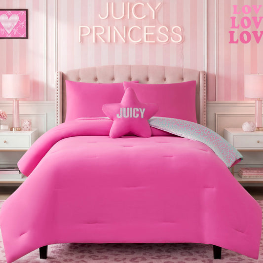 A twin bed featuring the Kids Rainbow Ombre Leopard Reversible Comforter Set and a star-shaped pillow makes a statement in this stylish kids bedroom. The headboard labeled JUICY PRINCESS perfectly complements the striped pink walls and LOVE art, while two lamps on light bedside tables complete this vibrant space.